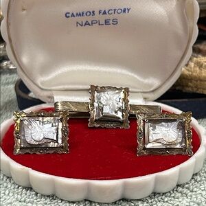 Vintage 40’s 800 silver cameo tie bar & cufflinks from the Cameos Factory Italy